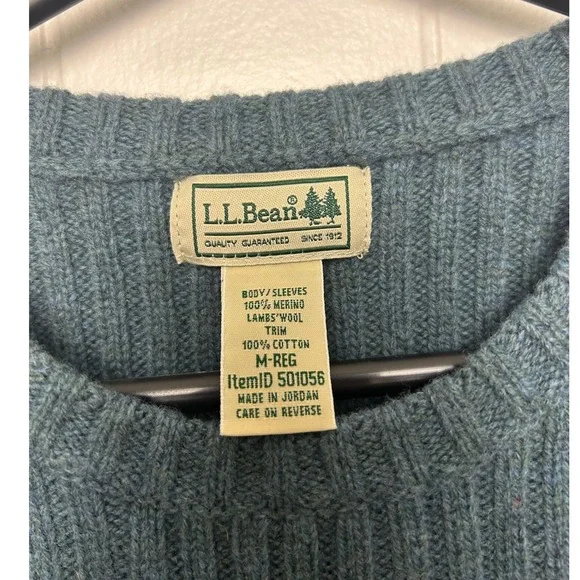 L.L. Bean Women M 100% Merino‎ Wool Commando Sweater CrewNeck Teal Blue Ribbed - Picture 3 of 9